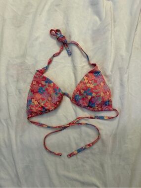 Hollister Coral Floral Triangle Bikini Top with Blue & Yellow Accents